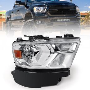 FIONE Halogen Headlights Assembly Compatible with Dodge Ram 1500 2019-2022 Replacement Headlamp with Chrome Frame Driver Left Side LH 68316081AD 68316081AH