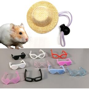 Cute Hamster Hat and 10 Pcs Sunglasses Set, Tiny Hat and Funny Eyeglasses for Hamsters Snake Lizard Guinea Pig Bearded Dragons, Small Pet Outfit Accessories Picnic Holiday Birthday Halloween (Beige)