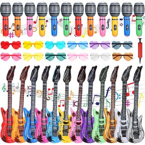 36 Pcs Inflatable Rock Star Toy Set Include 12 Inflatable Guitars 12 Inflatable Microphones 12 Colorful Heart Shaped Sunglasses and 1 Inflator for Musical Concert Themed Party Decoration