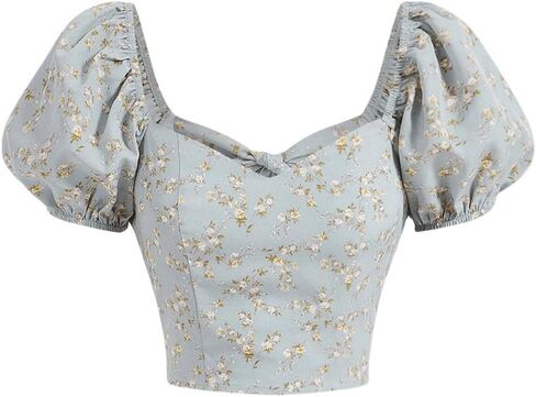 Floerns Women's Floral Print Puff Sleeve Tie Back Sweetheart Neck Crop Blouse Top in Saudi Arabia
