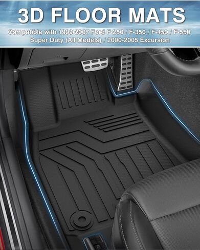 سجادات أرضية أمامية لـ 1999-2007 Ford F-250 / F-350 / F-450 / F-550 Super Duty (جميع الموديلات) / 2000-2005 ملحقات الرحلات، بطانات أرضية مناسبة لجميع الأحوال الجوية، مجموعة الصف الأول باللون الأسود in Kuwait