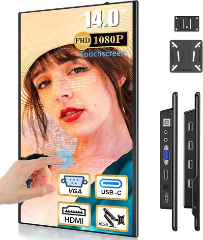 شاشة لمس 14 بوصة، USB-C+HDMI+VGA FHD 1920x1080 IPS HDR 100% sRGB 60 هرتز 10 نقاط تعمل باللمس مع مكبرات صوت وVESA لأجهزة الكمبيوتر المحمول/الكمبيوتر المصغر/جهاز الكمبيوتر الشخصي/صندوق التلفزيون/وحدات التحكم بالألعاب in Saudi Arabia