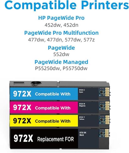خرطوشة حبر 972X 4PK متوافقة مع حزمة التحرير والسرد HP 972 X 972 | إنتاجية عالية | للطابعة PageWide Pro 452dw 452dn / PageWide Pro متعددة الوظائف 477dw 477dn 577dw 577z (BCMY) in Kuwait