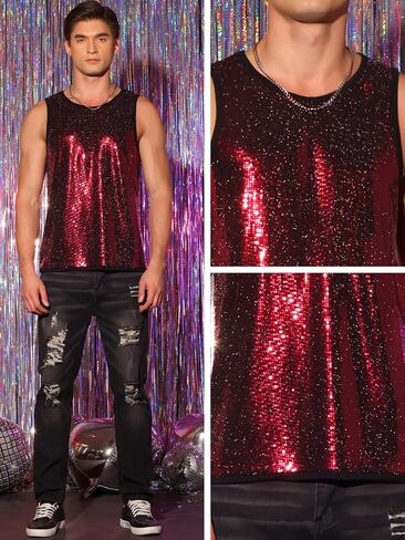 Lars Amadeus Sequin Tank Top for Men's Metallic Sparkle Glitter Sleeveless Tank Shirts in Saudi Arabia