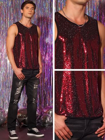 Lars Amadeus Sequin Tank Top for Men's Metallic Sparkle Glitter Sleeveless Tank Shirts in Saudi Arabia
