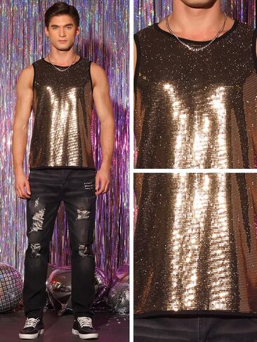 Lars Amadeus Sequin Tank Top for Men's Metallic Sparkle Glitter Sleeveless Tank Shirts in Saudi Arabia
