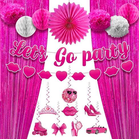 زينة حفلات أعياد الميلاد تحت عنوان Let's Go Party لافتة حفلات عيد الميلاد من Let's Go Party لوازم ديكور حفلات أعياد الميلاد مع لافتة وردية اللون ودوامات معلقة وستائر فويل وردية in Kuwait