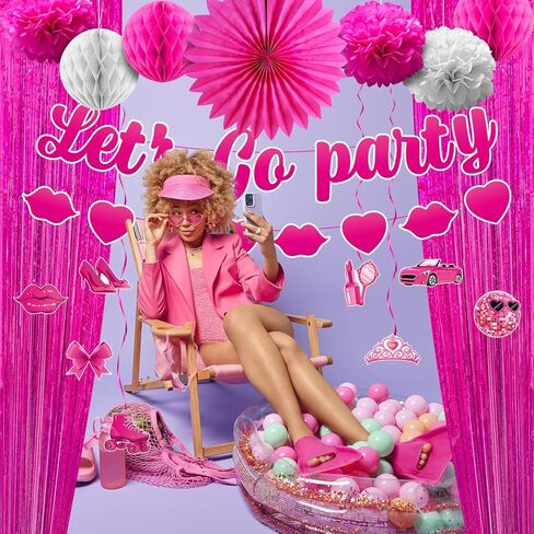 زينة حفلات أعياد الميلاد تحت عنوان Let's Go Party لافتة حفلات عيد الميلاد من Let's Go Party لوازم ديكور حفلات أعياد الميلاد مع لافتة وردية اللون ودوامات معلقة وستائر فويل وردية in Kuwait