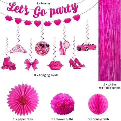 زينة حفلات أعياد الميلاد تحت عنوان Let's Go Party لافتة حفلات عيد الميلاد من Let's Go Party لوازم ديكور حفلات أعياد الميلاد مع لافتة وردية اللون ودوامات معلقة وستائر فويل وردية in Kuwait