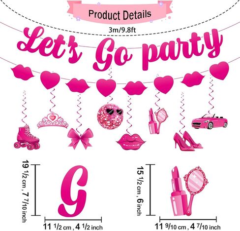زينة حفلات أعياد الميلاد تحت عنوان Let's Go Party لافتة حفلات عيد الميلاد من Let's Go Party لوازم ديكور حفلات أعياد الميلاد مع لافتة وردية اللون ودوامات معلقة وستائر فويل وردية in Kuwait