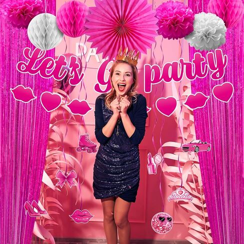 زينة حفلات أعياد الميلاد تحت عنوان Let's Go Party لافتة حفلات عيد الميلاد من Let's Go Party لوازم ديكور حفلات أعياد الميلاد مع لافتة وردية اللون ودوامات معلقة وستائر فويل وردية in Kuwait