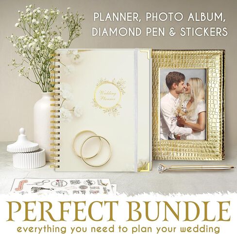 Beautiful Wedding Planner with personalized design, The Wedding Planner comes with a Photo Album, Elegant Hardcover Wedding Planning Book and Organizer, our Wedding Planning includes a diamond pen in Saudi Arabia
