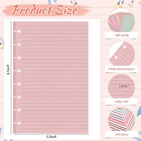 PerKoop 12 Pack 600 Sheets Half-letter Size Discbound Lined Planner Refill 5.5'' x 8.5'' College Ruled Size A5 8 Disc Notebooks 12 Colors Disc Notebooks Refill for Refill Journaling (Candy Color) in Saudi Arabia