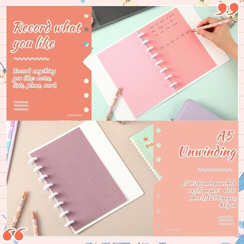 PerKoop 12 Pack 600 Sheets Half-letter Size Discbound Lined Planner Refill 5.5'' x 8.5'' College Ruled Size A5 8 Disc Notebooks 12 Colors Disc Notebooks Refill for Refill Journaling (Candy Color) in Saudi Arabia
