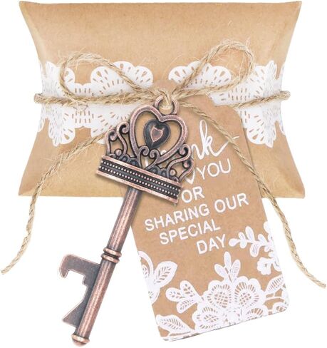 50 Sets Vintage Crown Key Bottle Openers, Wedding Favor Souvenir Gift for Guests with Escort Tag Pillow Candy Box and Satin Ribbon (Bronze) in Saudi Arabia