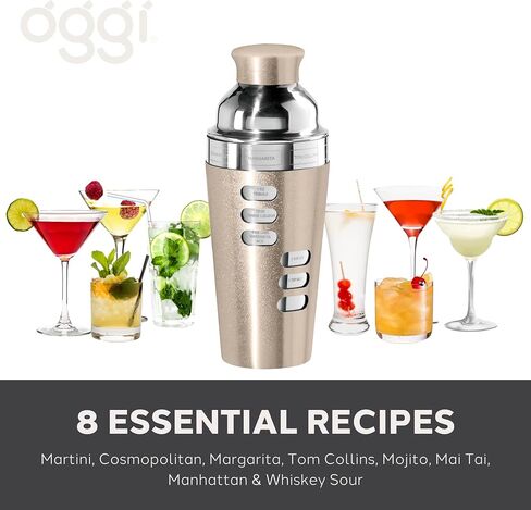 OGGI Dial A Drink Cocktail Shaker - 23oz شاكر من الفولاذ المقاوم للصدأ، 8 وصفات، غطاء من الفولاذ المقاوم للصدأ يحتوي على مصفاة مدمجة، خلاط كوكتيل مثالي، شيكر مارتيني، شيكر مارجريتا والمزيد، ستانلس ستيل in Saudi Arabia