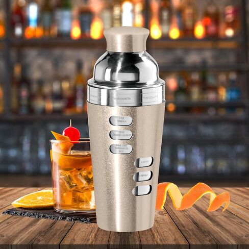 OGGI Dial A Drink Cocktail Shaker - 23oz شاكر من الفولاذ المقاوم للصدأ، 8 وصفات، غطاء من الفولاذ المقاوم للصدأ يحتوي على مصفاة مدمجة، خلاط كوكتيل مثالي، شيكر مارتيني، شيكر مارجريتا والمزيد، ستانلس ستيل in Saudi Arabia