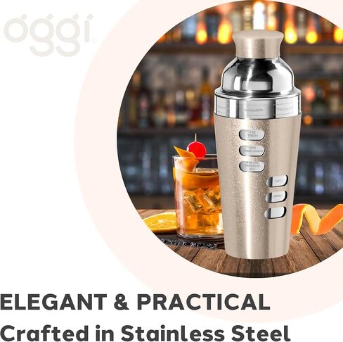 OGGI Dial A Drink Cocktail Shaker - 23oz شاكر من الفولاذ المقاوم للصدأ، 8 وصفات، غطاء من الفولاذ المقاوم للصدأ يحتوي على مصفاة مدمجة، خلاط كوكتيل مثالي، شيكر مارتيني، شيكر مارجريتا والمزيد، ستانلس ستيل in Saudi Arabia