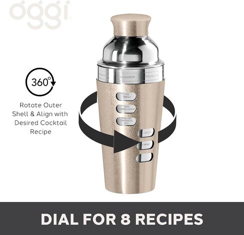 OGGI Dial A Drink Cocktail Shaker - 23oz شاكر من الفولاذ المقاوم للصدأ، 8 وصفات، غطاء من الفولاذ المقاوم للصدأ يحتوي على مصفاة مدمجة، خلاط كوكتيل مثالي، شيكر مارتيني، شيكر مارجريتا والمزيد، ستانلس ستيل in Saudi Arabia