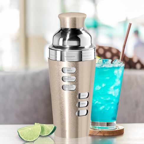 OGGI Dial A Drink Cocktail Shaker - 23oz شاكر من الفولاذ المقاوم للصدأ، 8 وصفات، غطاء من الفولاذ المقاوم للصدأ يحتوي على مصفاة مدمجة، خلاط كوكتيل مثالي، شيكر مارتيني، شيكر مارجريتا والمزيد، ستانلس ستيل in Saudi Arabia