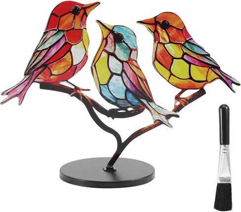 Xiaokeis Stained Birds On Branch Desktop Ornaments, Double Sided Multicolor Hummingbird Craft Statue, Metal Flat Bird Sculpture Ornaments for Home Office Decorations(3 Birds) in Saudi Arabia