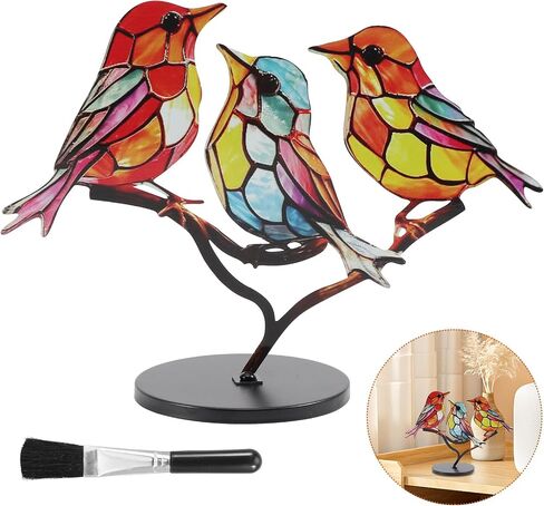 Xiaokeis Stained Birds On Branch Desktop Ornaments, Double Sided Multicolor Hummingbird Craft Statue, Metal Flat Bird Sculpture Ornaments for Home Office Decorations(3 Birds) in Saudi Arabia
