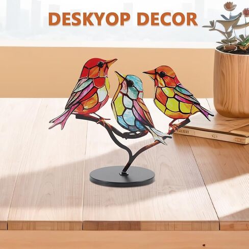 Xiaokeis Stained Birds On Branch Desktop Ornaments, Double Sided Multicolor Hummingbird Craft Statue, Metal Flat Bird Sculpture Ornaments for Home Office Decorations(3 Birds) in Saudi Arabia