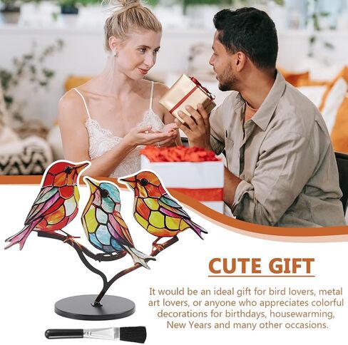 Xiaokeis Stained Birds On Branch Desktop Ornaments, Double Sided Multicolor Hummingbird Craft Statue, Metal Flat Bird Sculpture Ornaments for Home Office Decorations(3 Birds) in Saudi Arabia