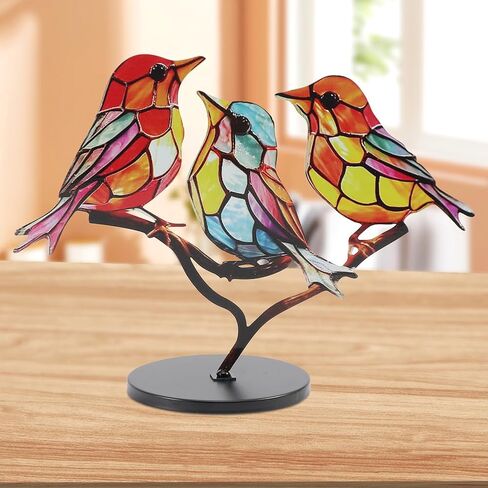 Xiaokeis Stained Birds On Branch Desktop Ornaments, Double Sided Multicolor Hummingbird Craft Statue, Metal Flat Bird Sculpture Ornaments for Home Office Decorations(3 Birds) in Saudi Arabia
