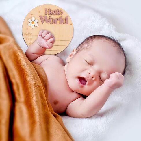 Baby Announcement Sign, Wooden Hello World Newborn Sign Newborn Welcome Sign Birth Announcement Plaque Baby Name Sign Board for Girl Boy Photo Prop Baby Shower Nursery Hospital in Saudi Arabia