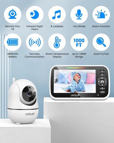 Baby Monitor with 2 Cameras and Audio- Video Baby Monitor with 960ft Long Range, Remote Pan-Tilt-Zoom, Night Vision, Temperature Sensor, 2-Way Talk, 8 Lullabies, 30-Hour Battery & No WiFi in Saudi Arabia