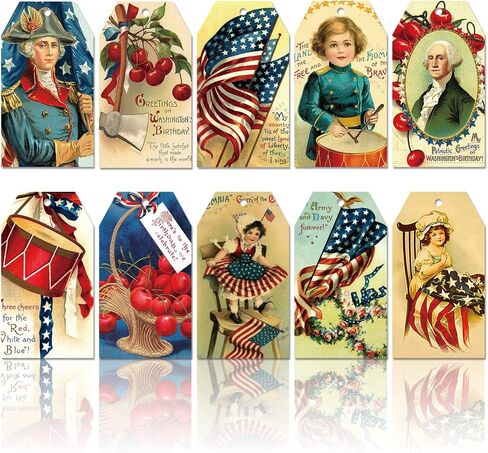 Whaline 120Pcs Patriotic Vintage Gift Tags 10 Designs 4th of July Paper Tags American Flag Hanging Labels Holiday Seasonal Wishes Labels with String for Independence Day DIY Gift Party Favor Decor in Saudi Arabia