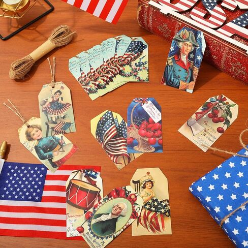 Whaline 120Pcs Patriotic Vintage Gift Tags 10 Designs 4th of July Paper Tags American Flag Hanging Labels Holiday Seasonal Wishes Labels with String for Independence Day DIY Gift Party Favor Decor in Saudi Arabia
