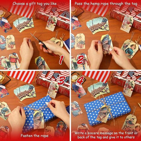 Whaline 120Pcs Patriotic Vintage Gift Tags 10 Designs 4th of July Paper Tags American Flag Hanging Labels Holiday Seasonal Wishes Labels with String for Independence Day DIY Gift Party Favor Decor in Saudi Arabia