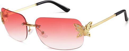 Dollger Rectangle Y2k Sunglasses for Women Fashion Rimless 2000s Square Pink Sun Glasses Butterfly 90s Cool Shades in Saudi Arabia