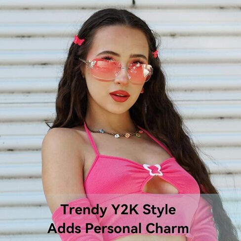 Dollger Rectangle Y2k Sunglasses for Women Fashion Rimless 2000s Square Pink Sun Glasses Butterfly 90s Cool Shades in Saudi Arabia