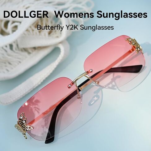 Dollger Rectangle Y2k Sunglasses for Women Fashion Rimless 2000s Square Pink Sun Glasses Butterfly 90s Cool Shades in Saudi Arabia