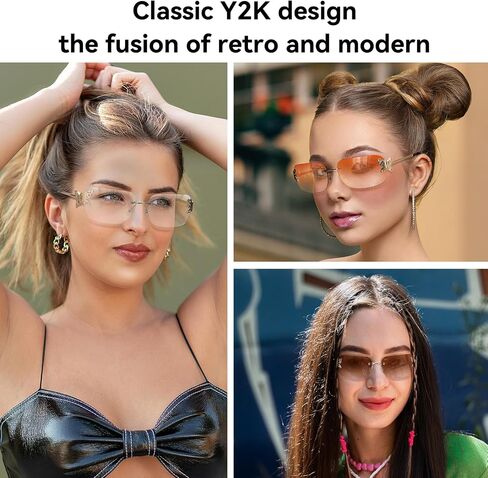 Dollger Rectangle Y2k Sunglasses for Women Fashion Rimless 2000s Square Pink Sun Glasses Butterfly 90s Cool Shades in Saudi Arabia