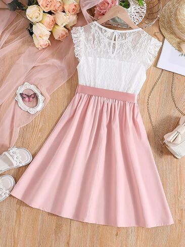 OYOANGLE Girl's Cute Color Block Floral Lace Ruffle Sleeveless High Waist A Line Summer Dresses in Saudi Arabia