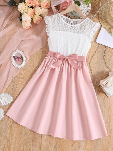 OYOANGLE Girl's Cute Color Block Floral Lace Ruffle Sleeveless High Waist A Line Summer Dresses in Saudi Arabia