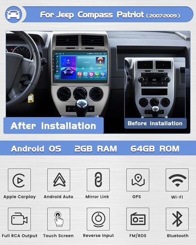 Roinvou [2G+32G] Android 13 Car Stereo for Jeep Compass Patriot 2007-2009 with Wireless Carplay Android Auto, 10.1" Touch Screen Car Radio Support GPS/WiFi/Bluetooth/26UI/Voice Control/SWC in Saudi Arabia