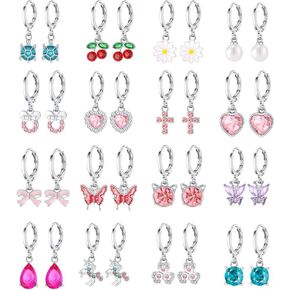 16 Pairs Hypoallergenic Silver Dangle Hoop Earrings for Girls Teens Cute Girls Earrings Animal Huggie Hoop Earrings Set Pink Jewelry Gift