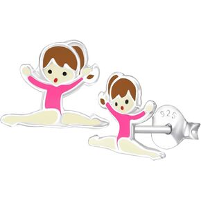 925 Sterling Silver 10mm Pink Gymnastics Girl Jumping in the Air Studs Earrings Push Back
