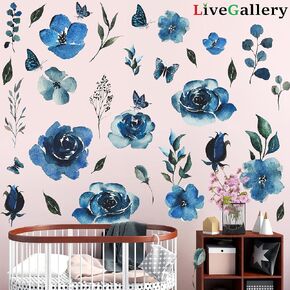 4 Sheets Watercolor Blue Roses Wall Decals Art Flowers Wall Stickers Removable Hay Leaf Flower Bud DIY Vinyl Peel and Stick Mural for Girls Bedroom Living Room Sofa Backdrop TV Wall Home