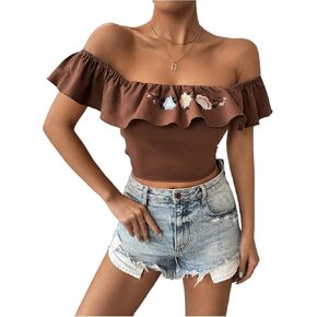 OYOANGLE Women's Flower Embroidered Ruffle Trim Off Shoulder Blouses Short Sleeve Cropped Shirt Tops
