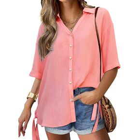 Cicy Bell Womens Button Down Shirts V Neck Half Sleeve Tops Side Tie Knot Blouse