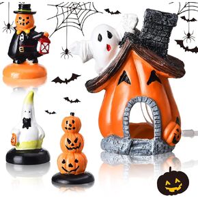 Blulu 4 Pieces Halloween Decorations for Fish Tank Miniature Halloween Figurines Indoor Outdoor Resin Ghost Pumpkin Bubble House Statue Set Halloween Ornament Garden Decor