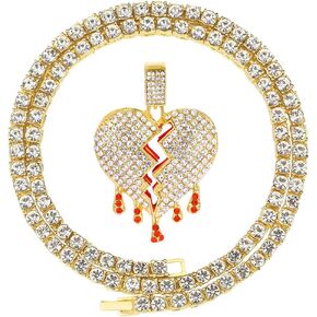 HH BLING EMPIRE Iced Out Broken Heart Chains for Men Women, Silver Gold Heart Pendant Diamond Tennis Necklaces, Hip Hop Rapper Jewelry chains 22 Inches (Heart A-Gold, & Rope)