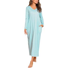 Marvmys Women Cotton Long Nightgowns Long Sleeves Nightshirts V Neck Full Length Sleep Shirts with Pocket