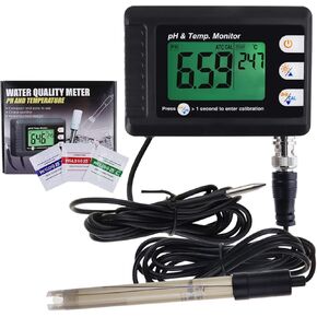 2 in 1 Temperature pH Monitor Meter Tester Sensor test Kit 0~14 pH Automatic Calibration BNC electrode Probe for Hydroponic ph Aquarium Meter Water Lab Food Drinking Water pH of Saltwater/Seawater